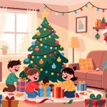 Children Unwrapping Gifts on Christmas Morning - Vector