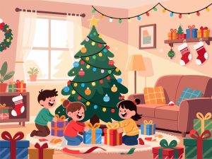 Children Unwrapping Gifts on Christmas Morning - Vector