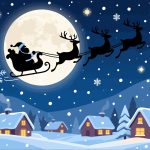 Santa’s Sleigh Over Snowy Village - Christmas Vector