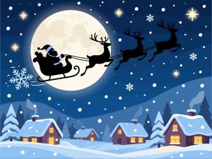 Santa’s Sleigh Over Snowy Village - Christmas Vector