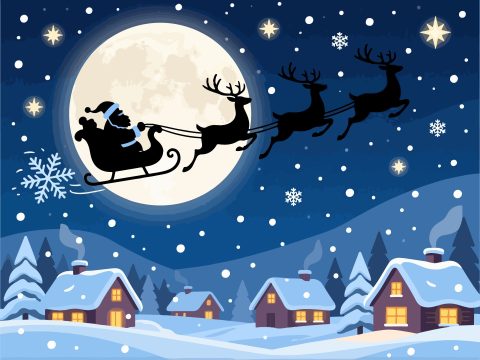 Santa’s Sleigh Over Snowy Village - Christmas Vector
