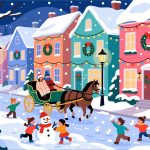 Snowy Christmas Street with Homes & Carriage - Vector