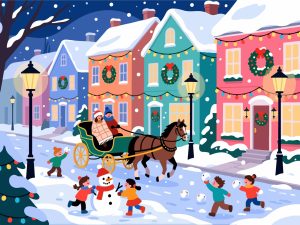 Snowy Christmas Street with Homes & Carriage - Vector