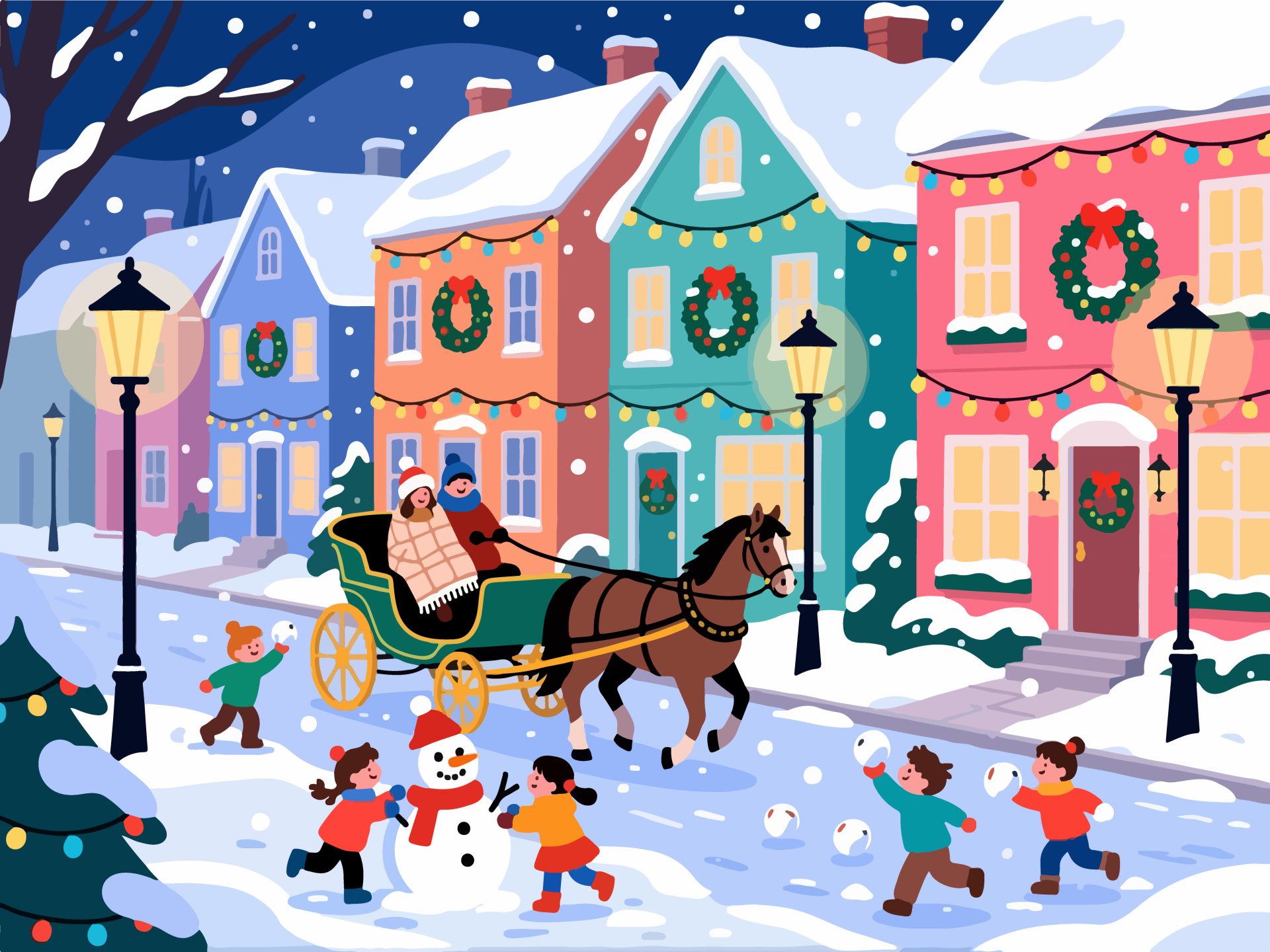 Snowy Christmas Street with Homes & Carriage - Vector