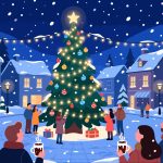 Christmas Tree in Town Square - Flat Vector Illustration