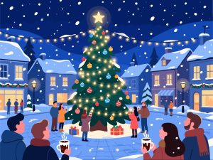 Christmas Tree in Town Square - Flat Vector Illustration