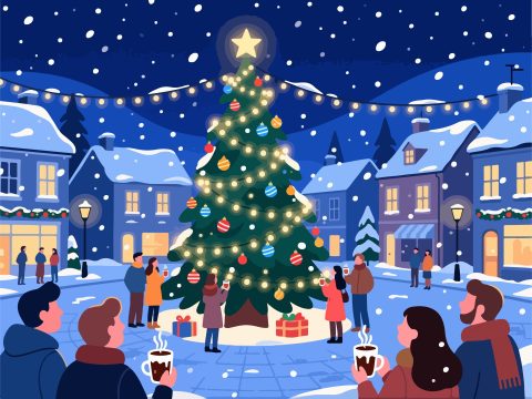 Christmas Tree in Town Square - Flat Vector Illustration