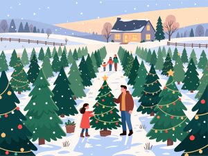 Christmas Tree Farm with Family - Flat Vector Art