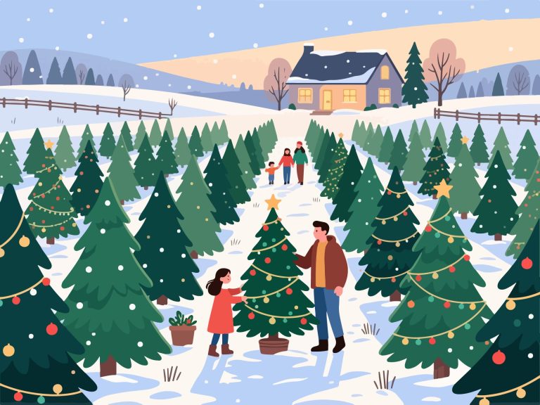 Christmas Tree Farm with Family - Flat Vector Art