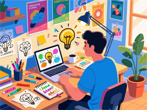 Creative Worker Brainstorming Ideas - Flat 2D Vector