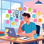 Creative Worker Brainstorming with Sticky Notes - 2D Vector