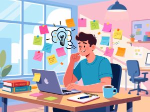 Creative Worker Brainstorming with Sticky Notes - 2D Vector