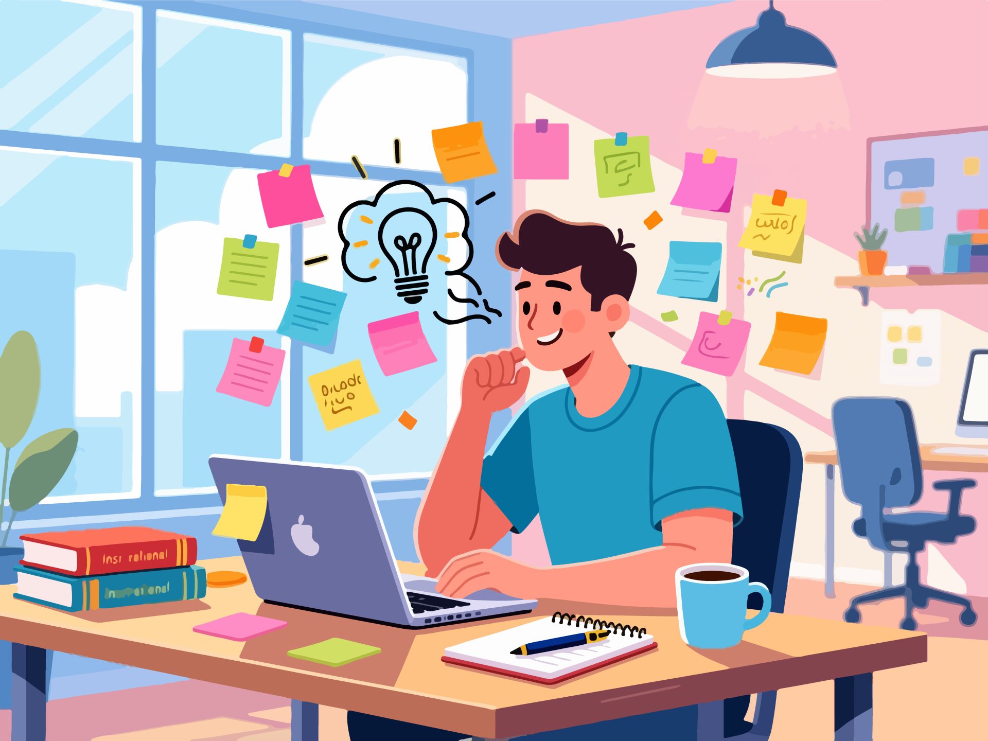 Creative Worker Brainstorming with Sticky Notes - 2D Vector
