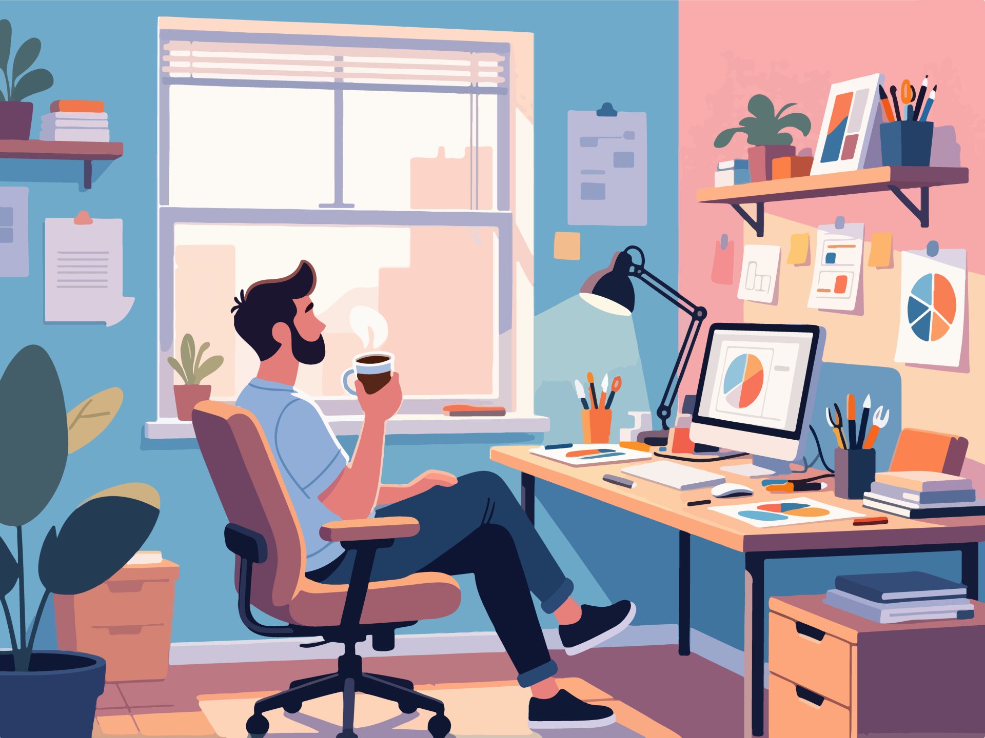 Creative Worker Taking a Break in Cozy Office - 2D Vector