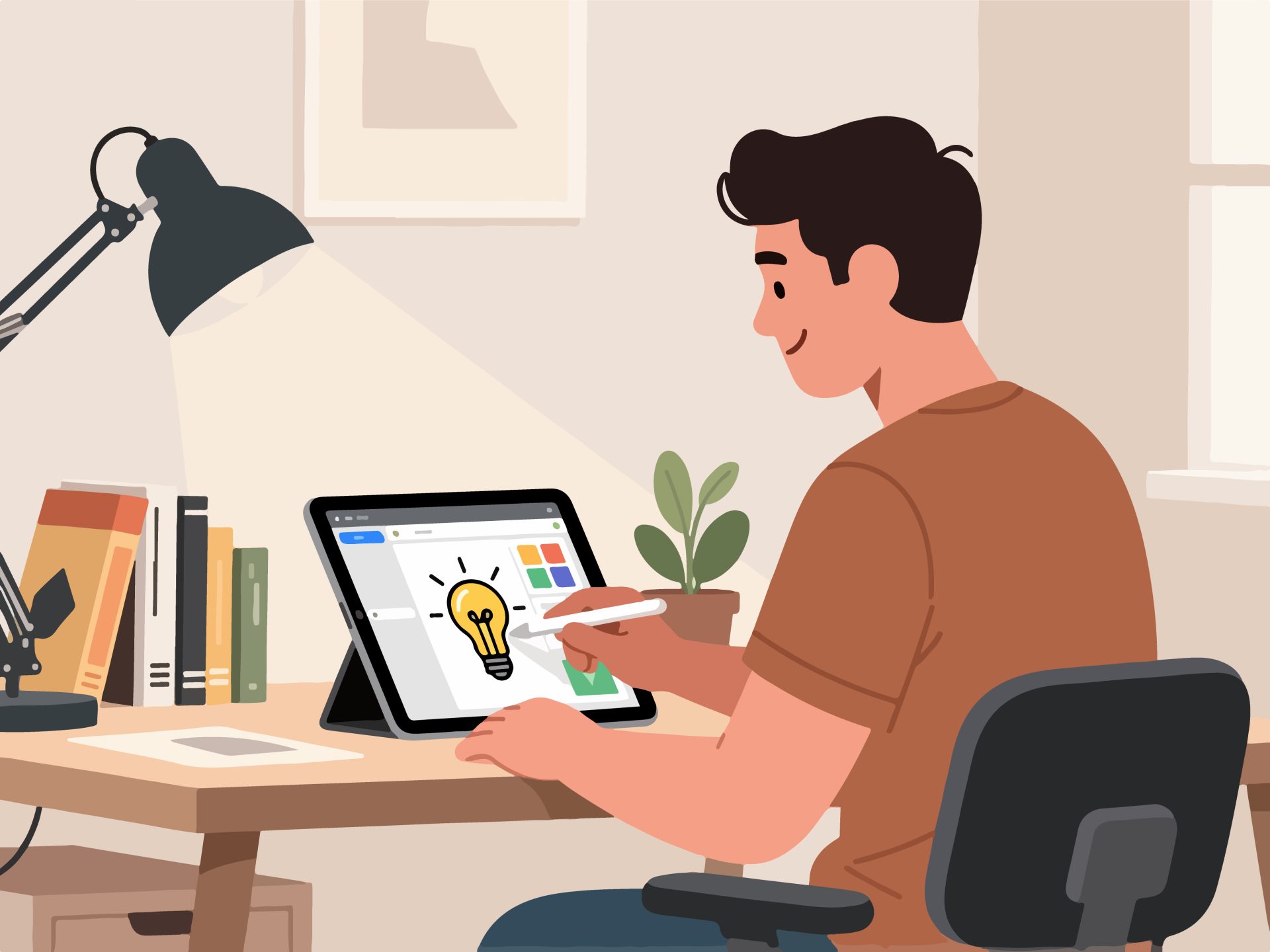 Creative Worker Organizing Ideas on Digital Tablet - 2D Vector