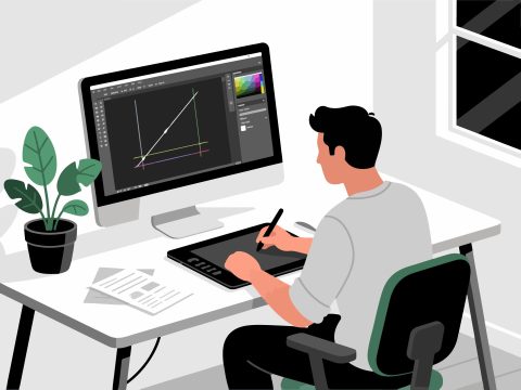 Creative Worker Working on Digital Project - Flat Vector