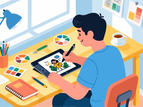 Creative Worker Drawing on Tablet - Flat 2D Vector
