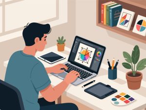 Creative Worker Designing on Laptop - Flat 2D Vector Art
