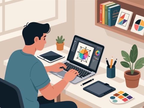 Creative Worker Designing on Laptop - Flat 2D Vector Art