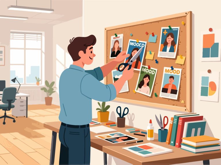 Creative Worker Assembling Mood Board - 2D Vector Design