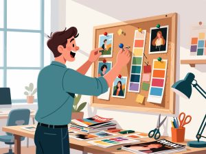 Creative Worker Assembling Mood Board - 2D Vector Illustration
