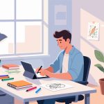 Creative Worker Using Tablet in Modern Office - 2D Vector