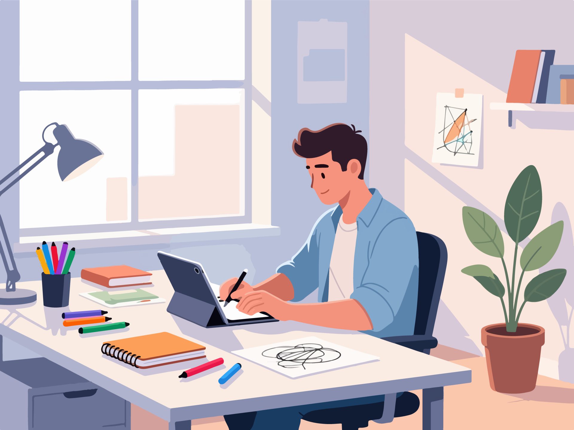 Creative Worker Using Tablet in Modern Office - 2D Vector