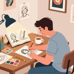 Creative Worker Sketching Ideas at Desk - 2D Vector