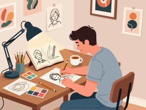 Creative Worker Sketching Ideas at Desk - 2D Vector