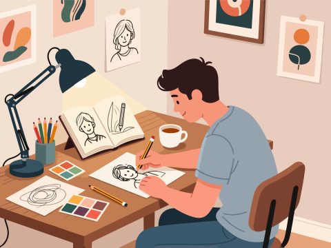 Creative Worker Sketching Ideas at Desk - 2D Vector