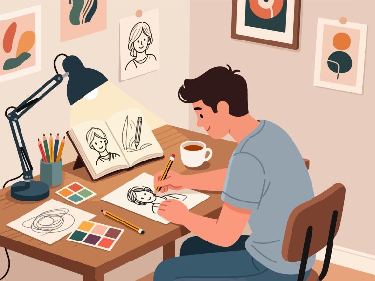 Creative Worker Sketching Ideas at Desk - 2D Vector