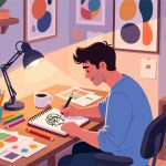 Creative Worker Sketching Ideas in Cozy Studio - 2D Vector