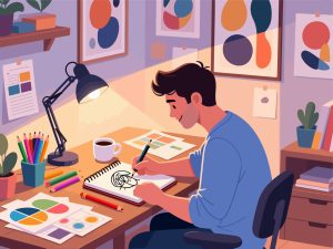 Creative Worker Sketching Ideas in Cozy Studio - 2D Vector