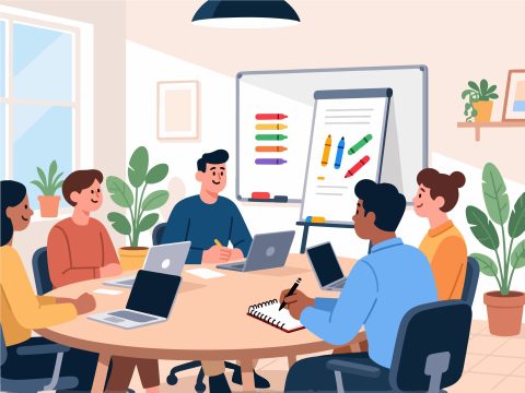 Creative Worker in Team Meeting - Flat 2D Vector Design