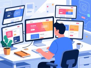 Creative Worker Designing Website on Multiple Monitors