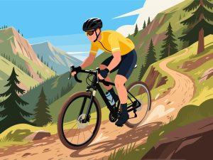 Cyclist Riding Mountain Trail - 2D Flat Design Illustration