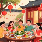 Friends Enjoying Dragon Boat Festival Meal - Vector
