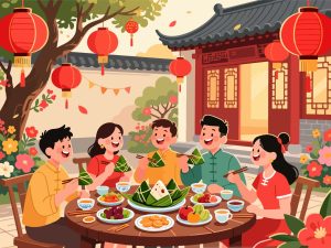 Friends Enjoying Dragon Boat Festival Meal - Vector