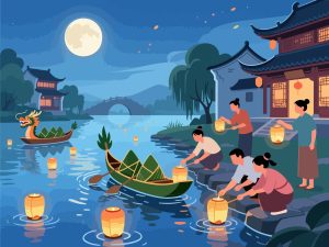 Tranquil Lantern Release - Dragon Boat Festival Vector