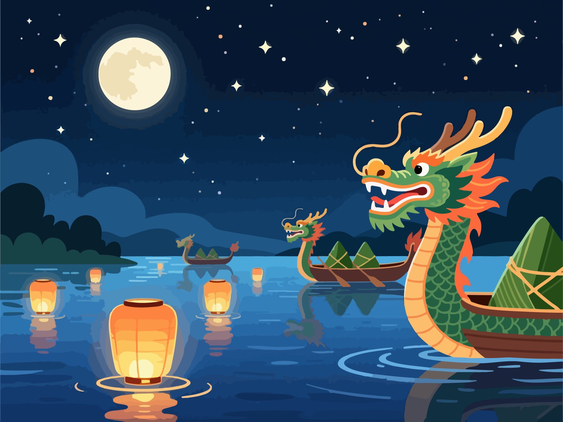 Tranquil Dragon Boat Festival Night Scene - Vector