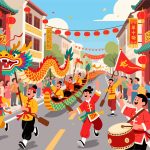 Lively Dragon Boat Parade with Performers - Vector