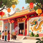 Chinese Temple during Dragon Boat Festival - Vector