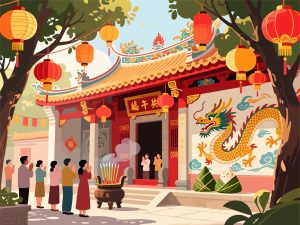 Chinese Temple during Dragon Boat Festival - Vector