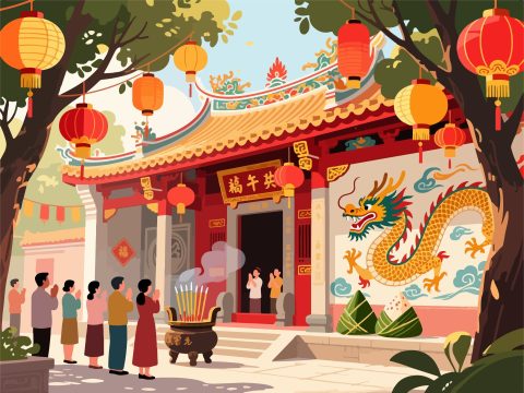 Chinese Temple during Dragon Boat Festival - Vector