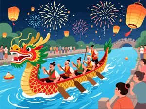 Exciting Dragon Boat Race - Flat Illustration Vector