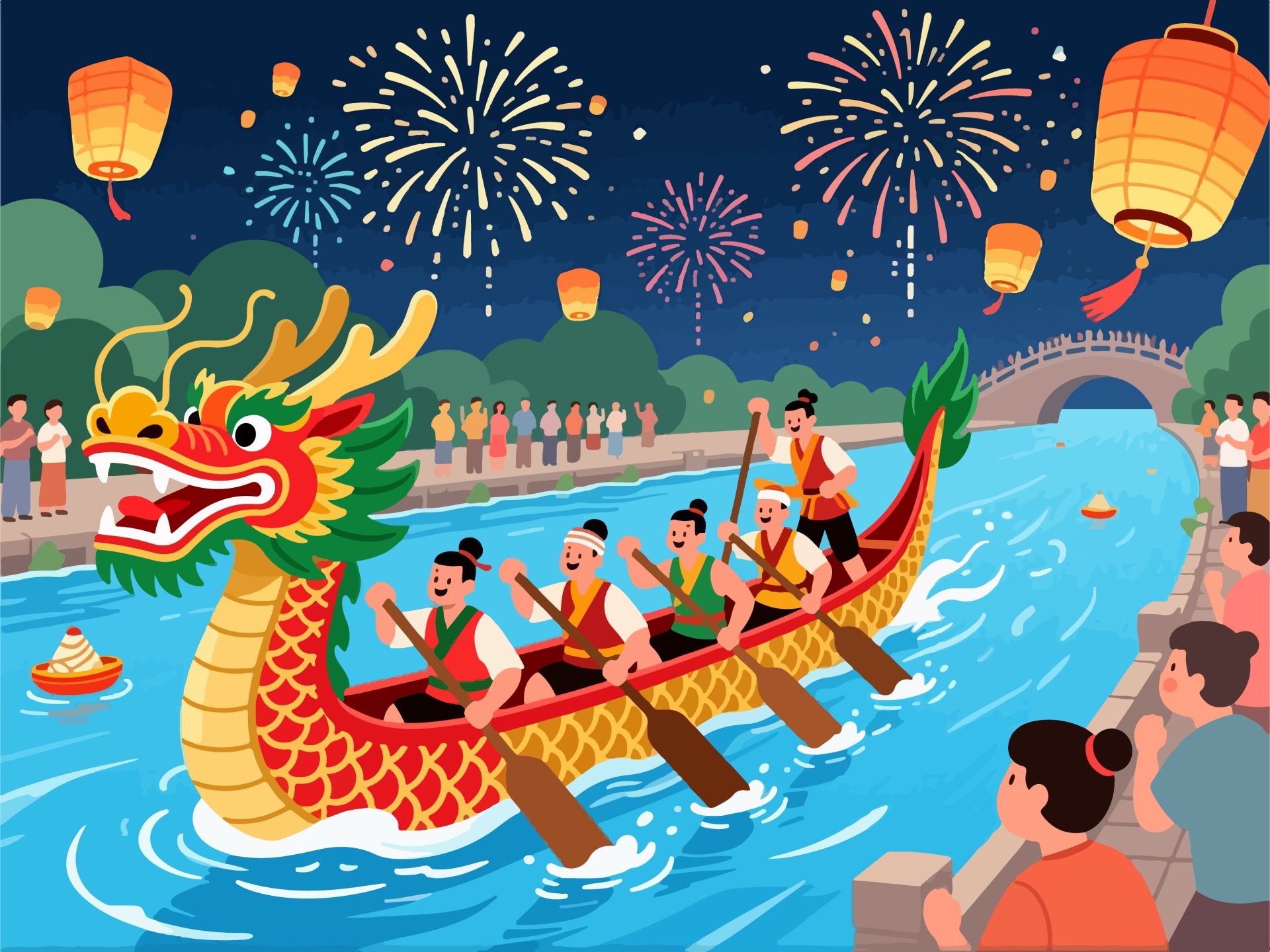 Exciting Dragon Boat Race - Flat Illustration Vector