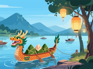 Serene Riverside Dragon Boat Festival Illustration