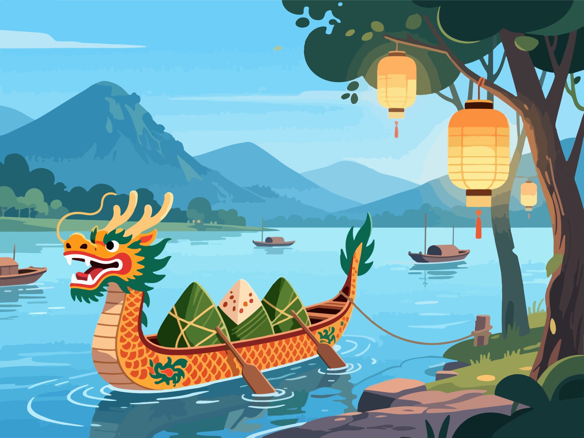 Serene Riverside Dragon Boat Festival Illustration