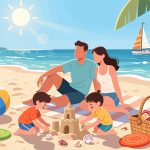 Family Fun at the Beach with Sandcastles - 2D Vector