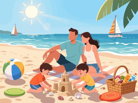 Family Fun at the Beach with Sandcastles - 2D Vector